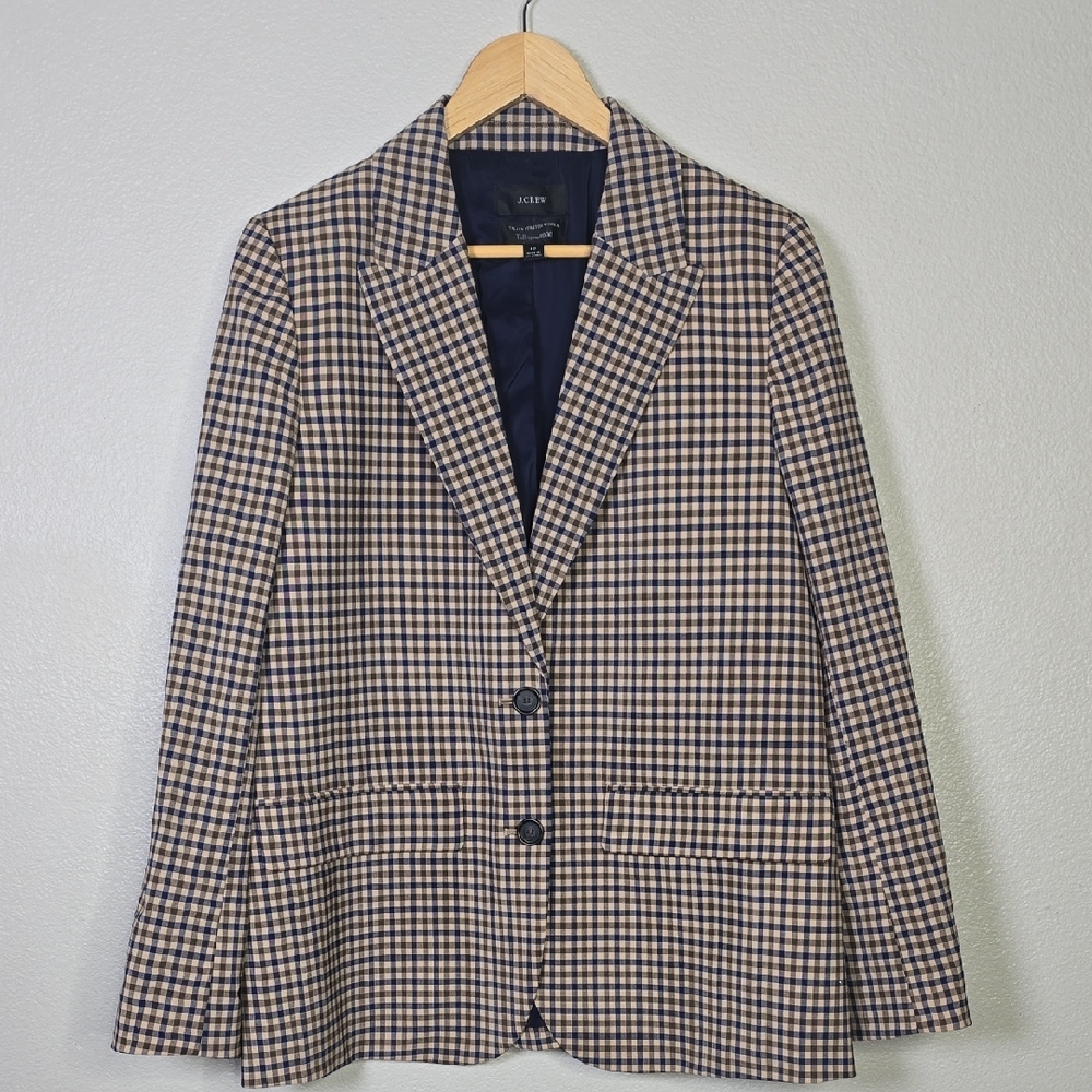 J. Crew Women's Boyfriend Navy & Beige Gingham Blazer Italian Stretch Wool 12.